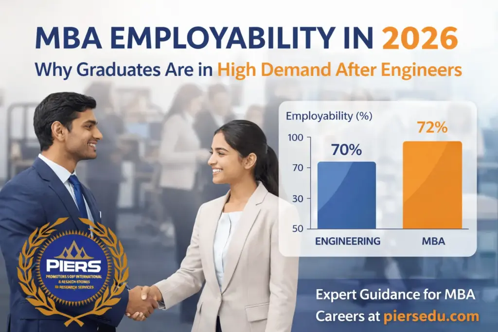 Employability of MBA graduates in 2026 compared to engineers, with PIERS Education logo highlighting career guidance and MBA demand