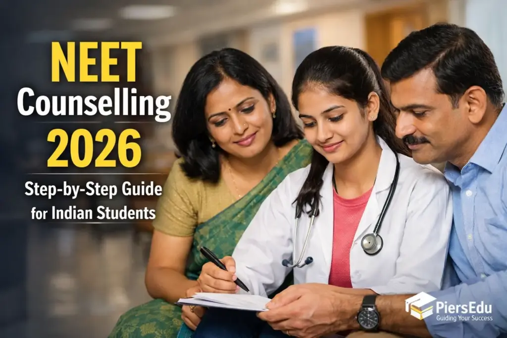Indian student in white coat with parents reviewing documents, symbolizing NEET Counselling 2026 guidance. PiersEdu logo in the corner, educational blog illustration.