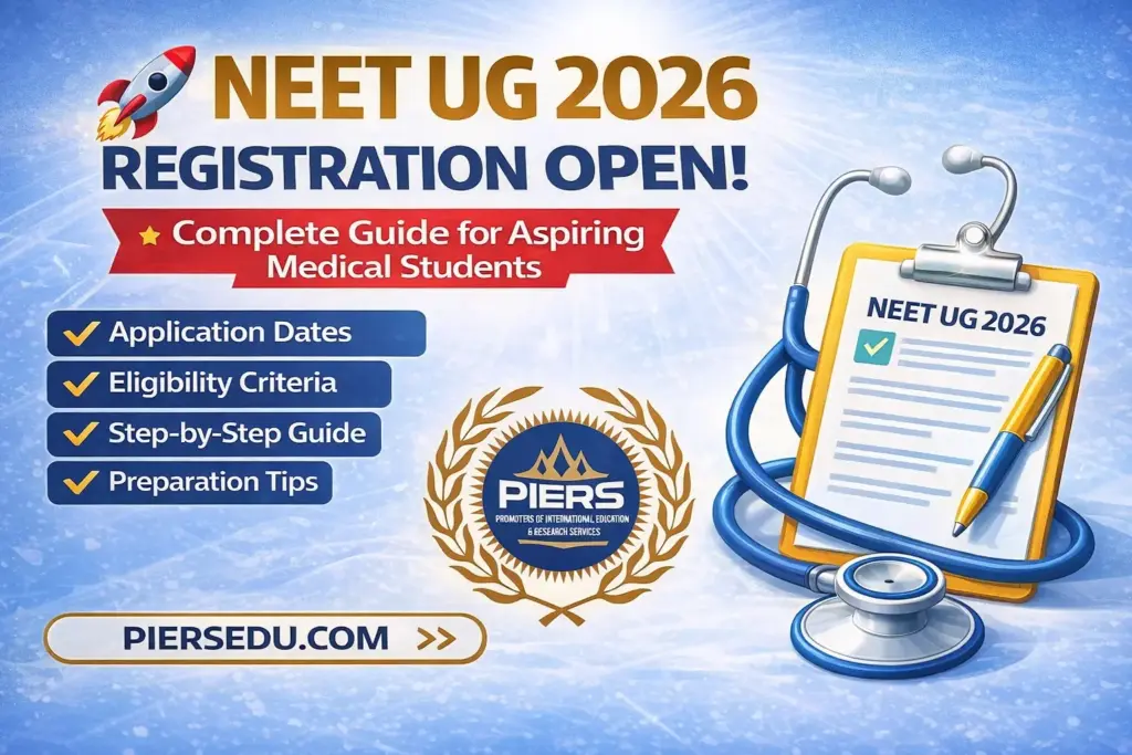 "NEET UG 2026 Registration Open banner with PIERS logo, medical clipboard, and stethoscope in blue and gold theme."