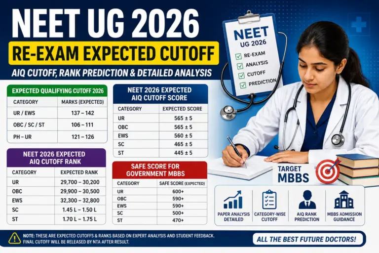 NEET UG 2026 Re-Exam Expected Cutoff: AIQ Cutoff, Rank Prediction & Detailed Analysis