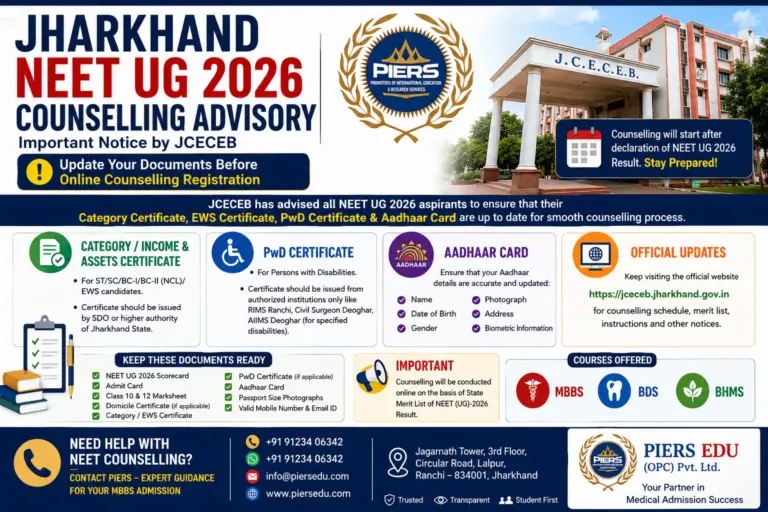 Jharkhand NEET UG 2026 Counselling Advisory Released: JCECEB Issues Important Notice for Category, EWS, PwD & Aadhaar Documents