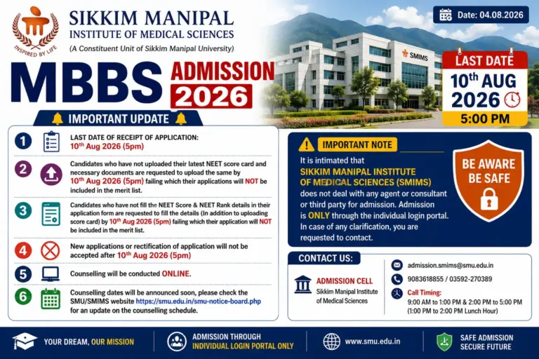Sikkim Manipal MBBS Admission 2026: Application Last Date, NEET Score Card, Merit List और Online Counselling की पूरी जानकारी