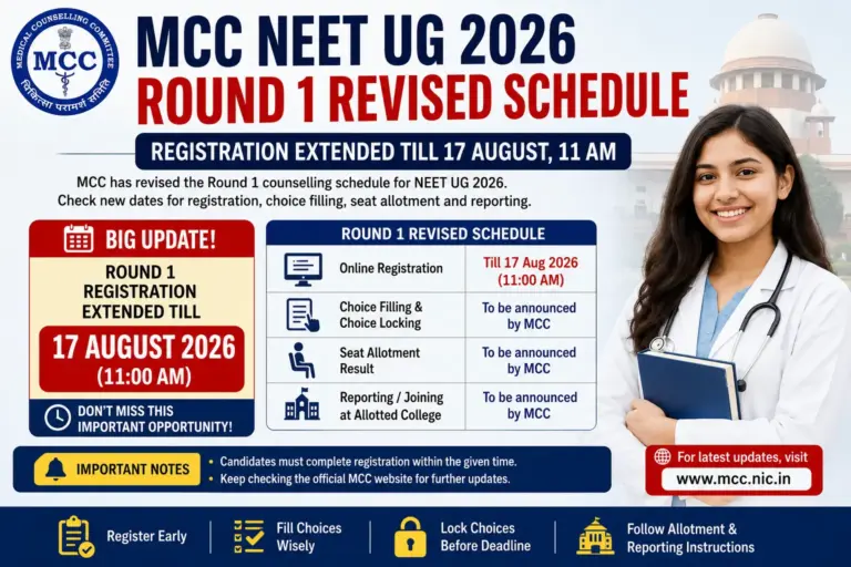 MCC NEET UG 2026 Round 1 Revised Schedule: Registration Extended Till 17 August, Check Choice Filling, Seat Allotment & Reporting Dates