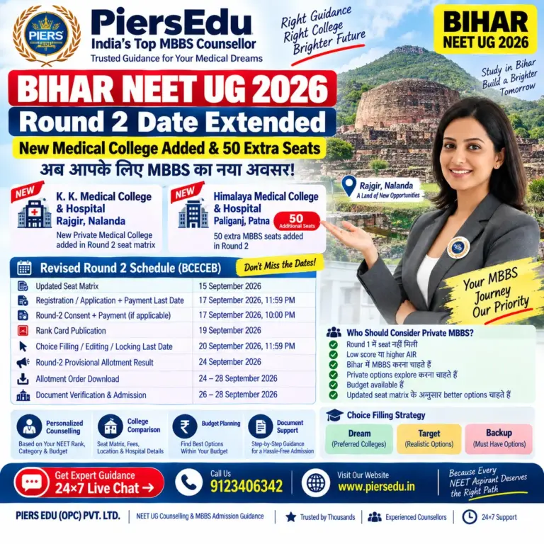 Bihar NEET UG 2026 Round 2 Date Extended: New Private Medical College, 50 Extra MBBS Seats, Choice Filling & Low Score Strategy