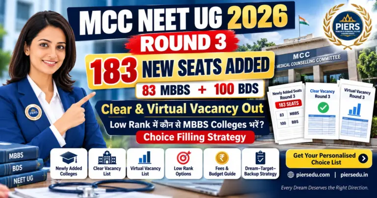 MCC NEET UG 2026 Round 3: 183 New Seats Added + Clear & Virtual Vacancy Out — Low Rank में कौन से MBBS Colleges भरें? Choice Filling Strategy