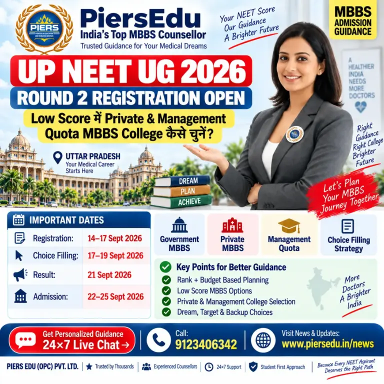 UP NEET UG 2026 Round 2 Registration Open — Low Score में Private & Management Quota MBBS College कैसे चुनें?