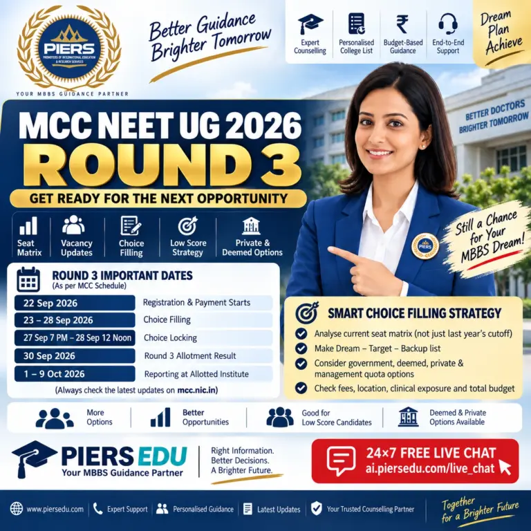 MCC NEET UG 2026 Round 3: Seat Matrix, Vacancy, Choice Filling & Low Score MBBS Admission Strategy