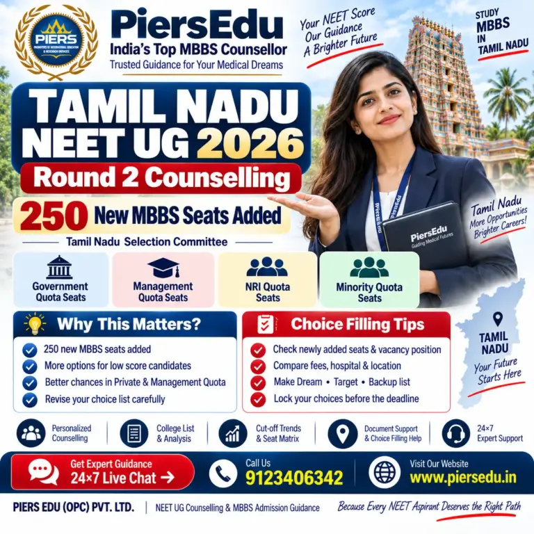 Tamil Nadu NEET UG 2026 Round 2: 250 New MBBS Seats Added — Low Score, Private & Management Quota Choice Filling Guide
