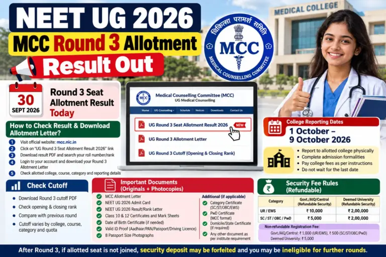 NEET UG 2026 MCC Round 3 Allotment Result: Check Cutoff, Allotment Letter, Reporting Dates & Next Steps