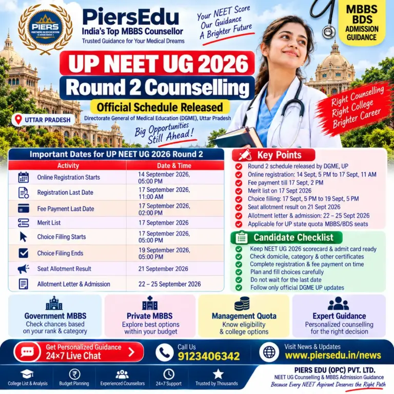UP NEET UG 2026 Round 2 Counselling Schedule: Registration, Choice Filling, Result, Private MBBS & Admission Strategy