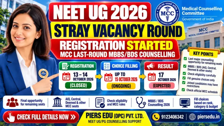 NEET UG 2026 Stray Vacancy Round: Registration Closed, Choice Filling Ends Today — MCC Last-Round MBBS/BDS Counselling